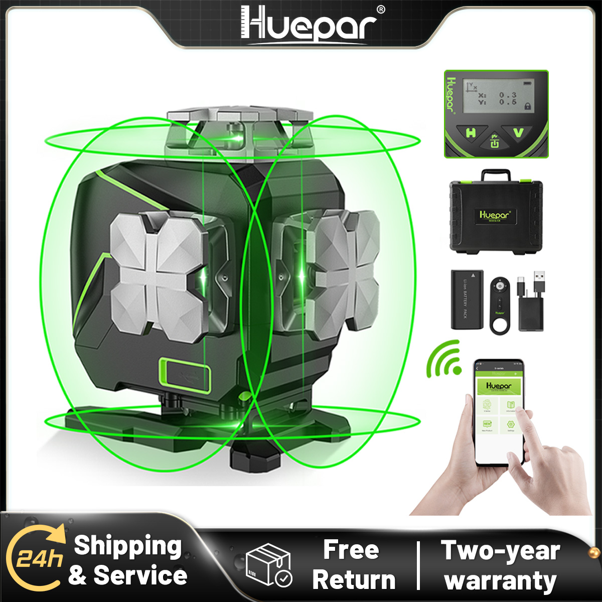 Laser Level 4D 16 Line Green - Niveau laser croisé 4D Huepar S04CG-A
